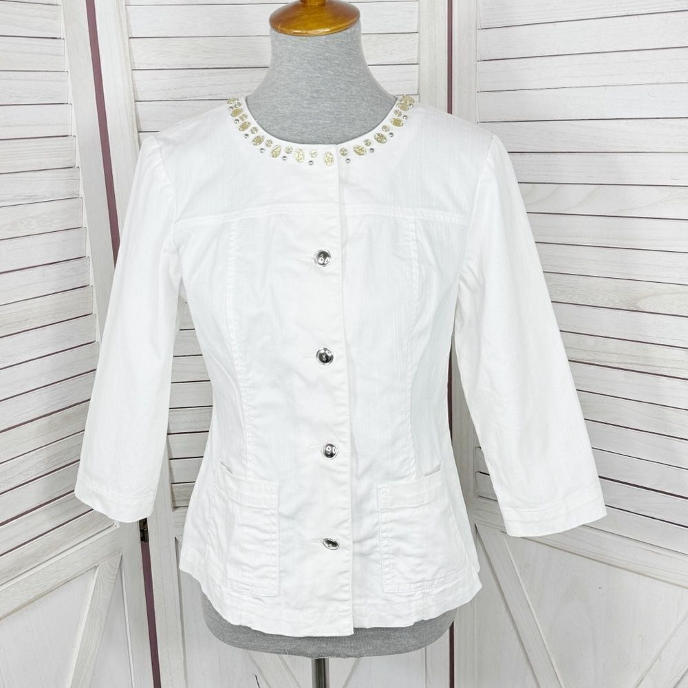 Lark Lane Petite Bead Embellished Neck Stretch Twill Jacket White Size 6P